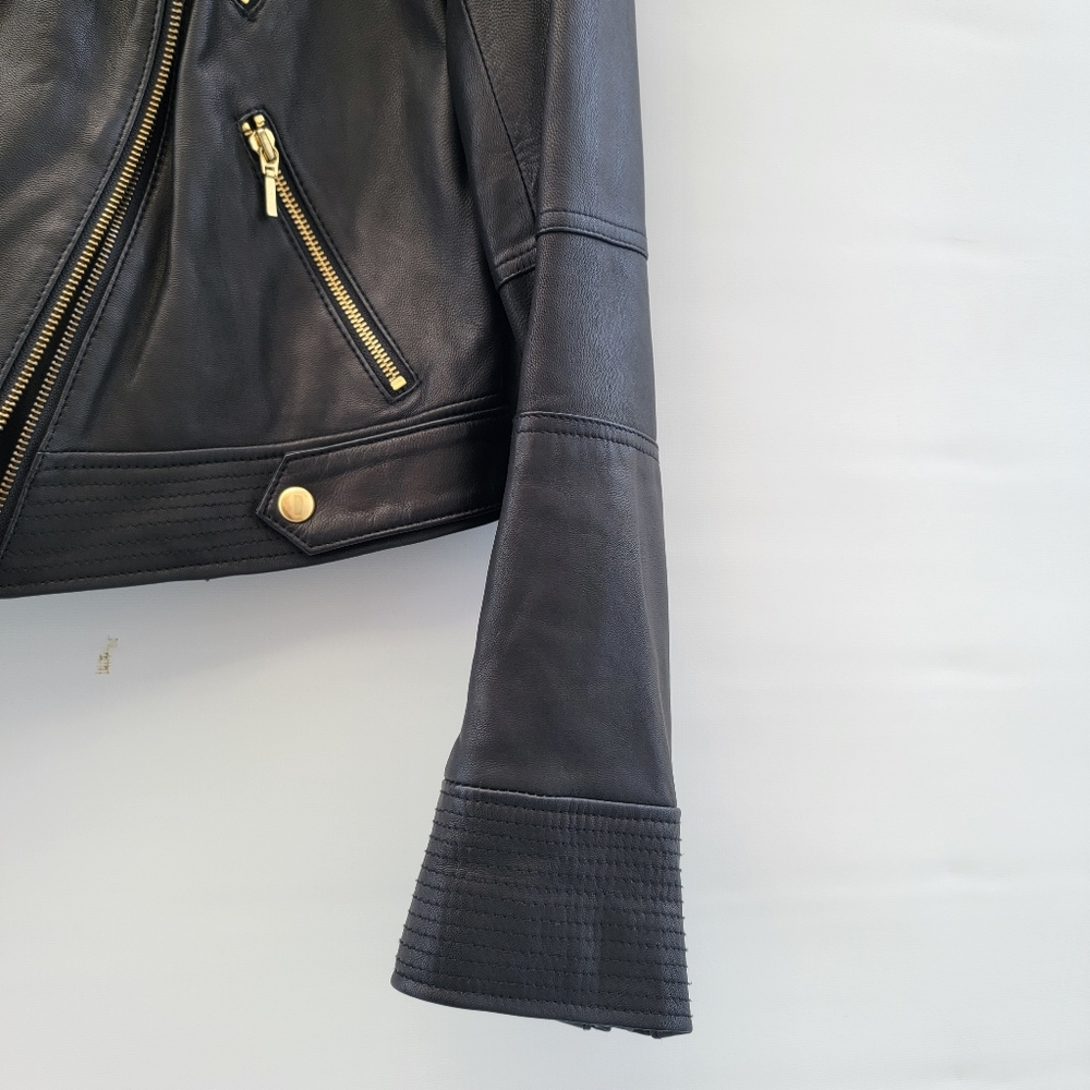 Truth+Pride Black Leather Moto Jacket Size Large Minimalist Classic Gold Neutral - Picture 5 of 16
